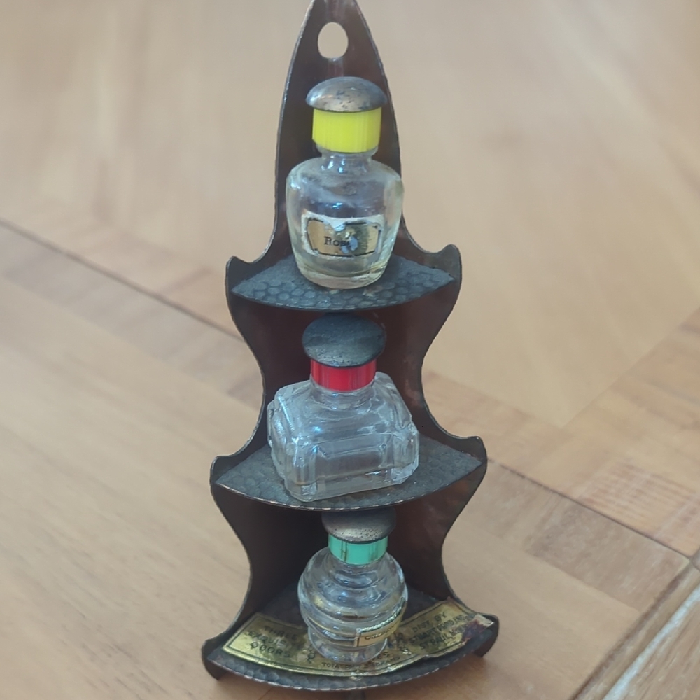 Vintage 1940s Whatnot Metal 3-Tier Shelf With Miniature Perfume Bottles
